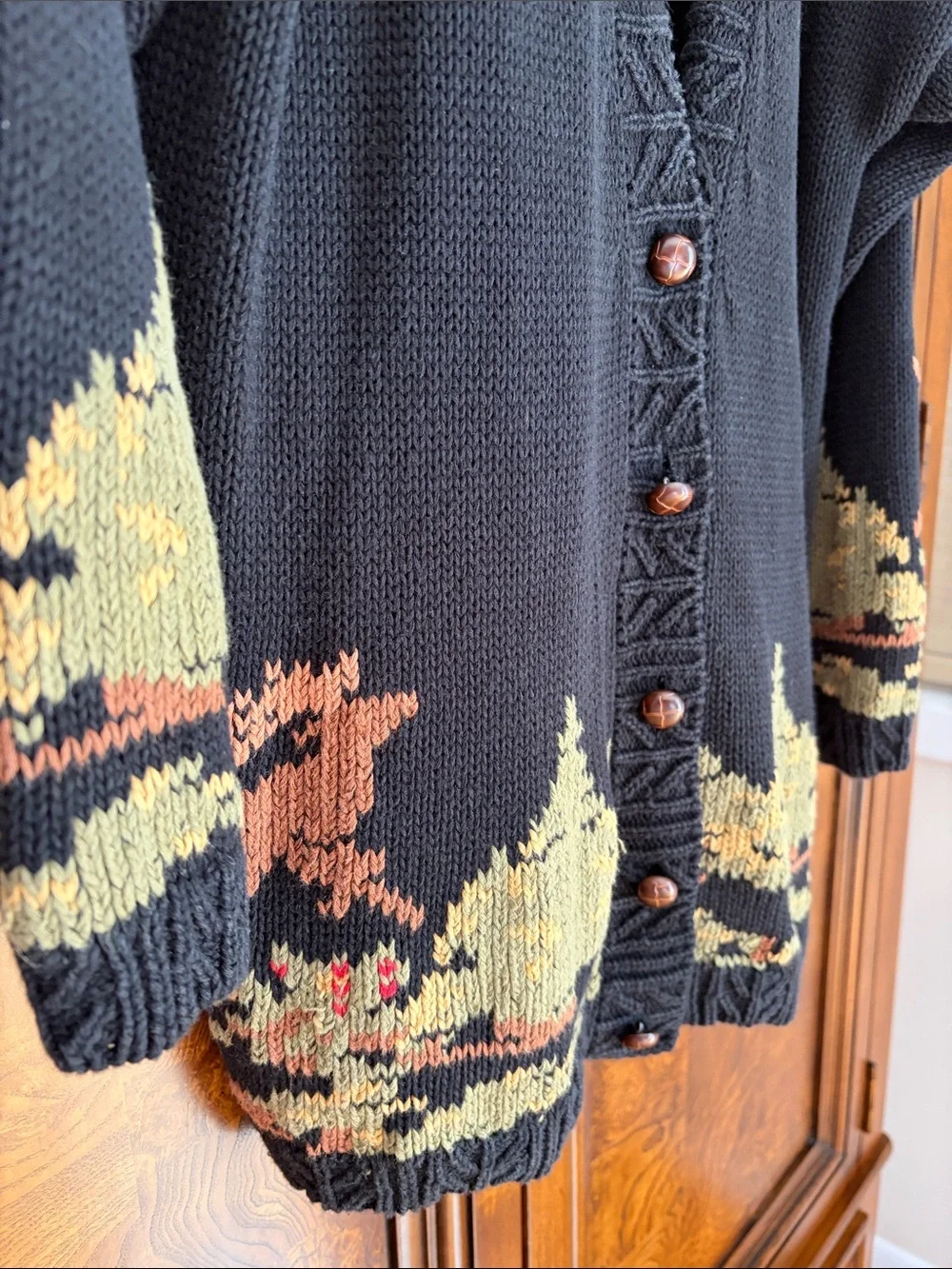 Cambridge Dry Goods No Tag Black Cardigan w Deer Forest Border Scene Flaw LG/XLG
